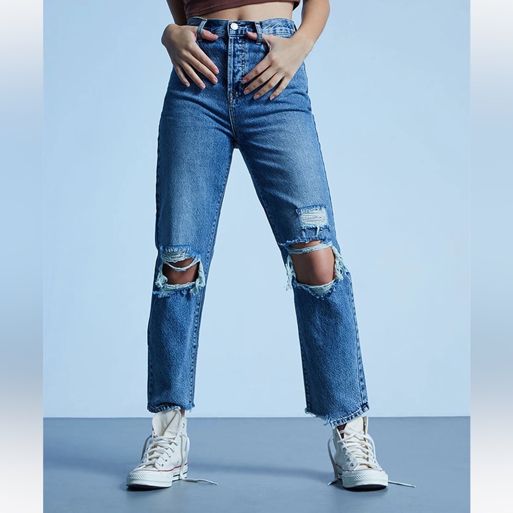 PACSUN Eco Medium Blue Distressed High Waisted Straight Leg Jeans size 29